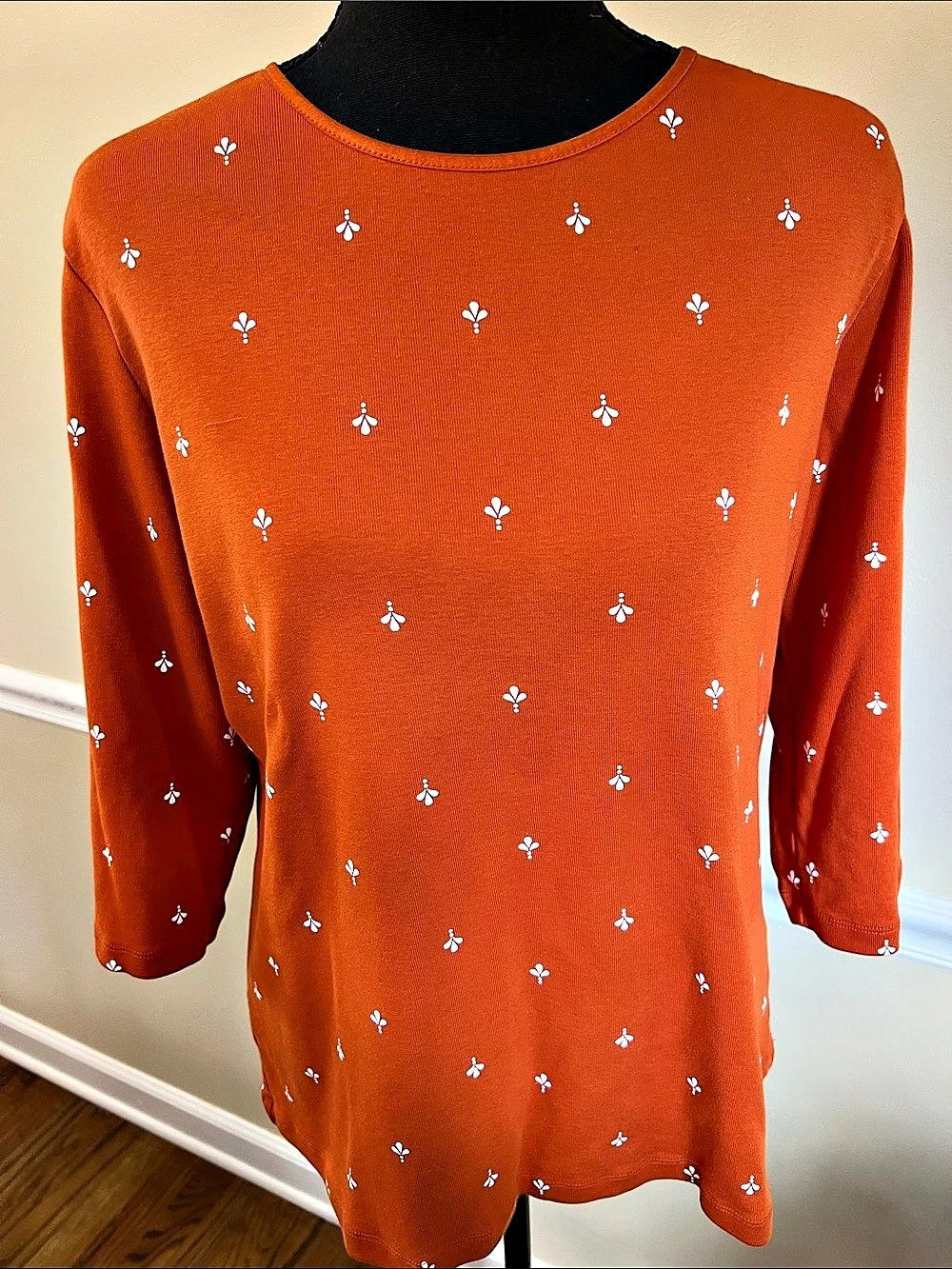 Christopher & Banks Orange White Print Cotton  Three Quarter  Sleeve Size Large